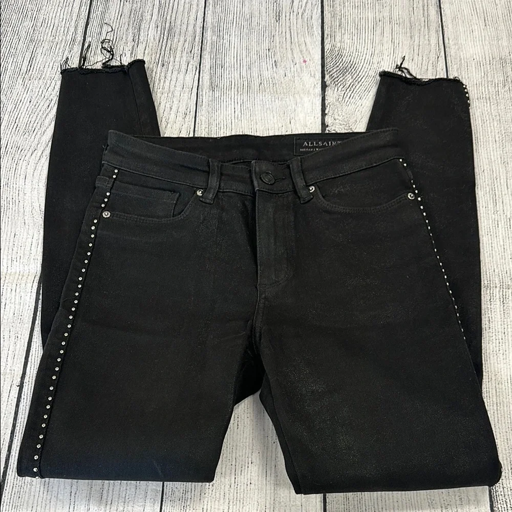 All Saints Sz 25 Miller Black Skinny Jeans w/Silver Studs - Picture 8 of 16